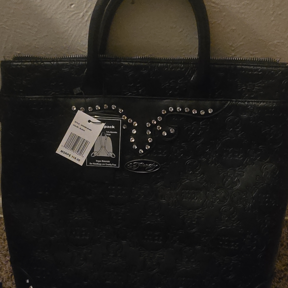 Ed Hardy Black Embossed Tote with Rhinestone Accents